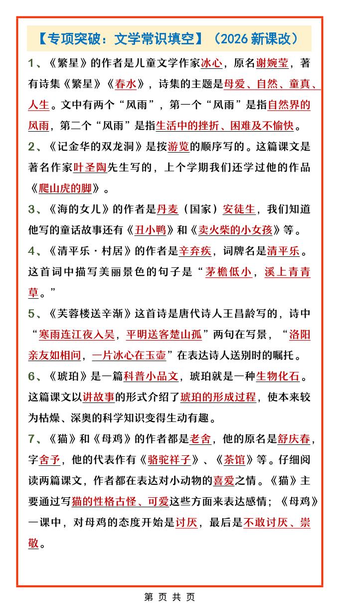 四年级下语文文学常识填空专项-大伟资源网