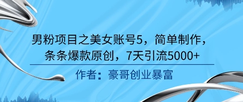 男粉项目之美女账号5，简单制作，条条爆款原创，7天引流5000+-大伟资源网