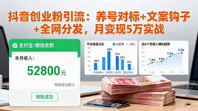 抖音创业粉引流：养号对标+文案钩子+全网分发，月变现5万实战-大伟资源网