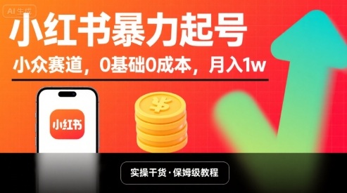 小红书暴力起号，小众赛道，0基础0成本，月入1w-大伟资源网