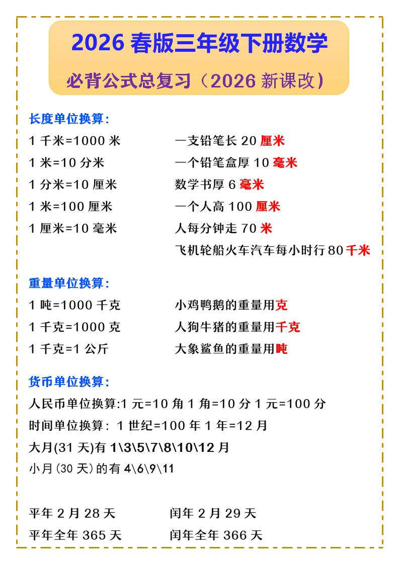 三年级下数学必背公式汇总《人教版》-大伟资源网