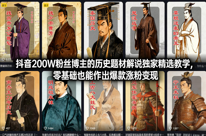 抖音200W粉丝博主的历史题材解说独家精选教学，零基础也能作出爆款涨粉变现-大伟资源网