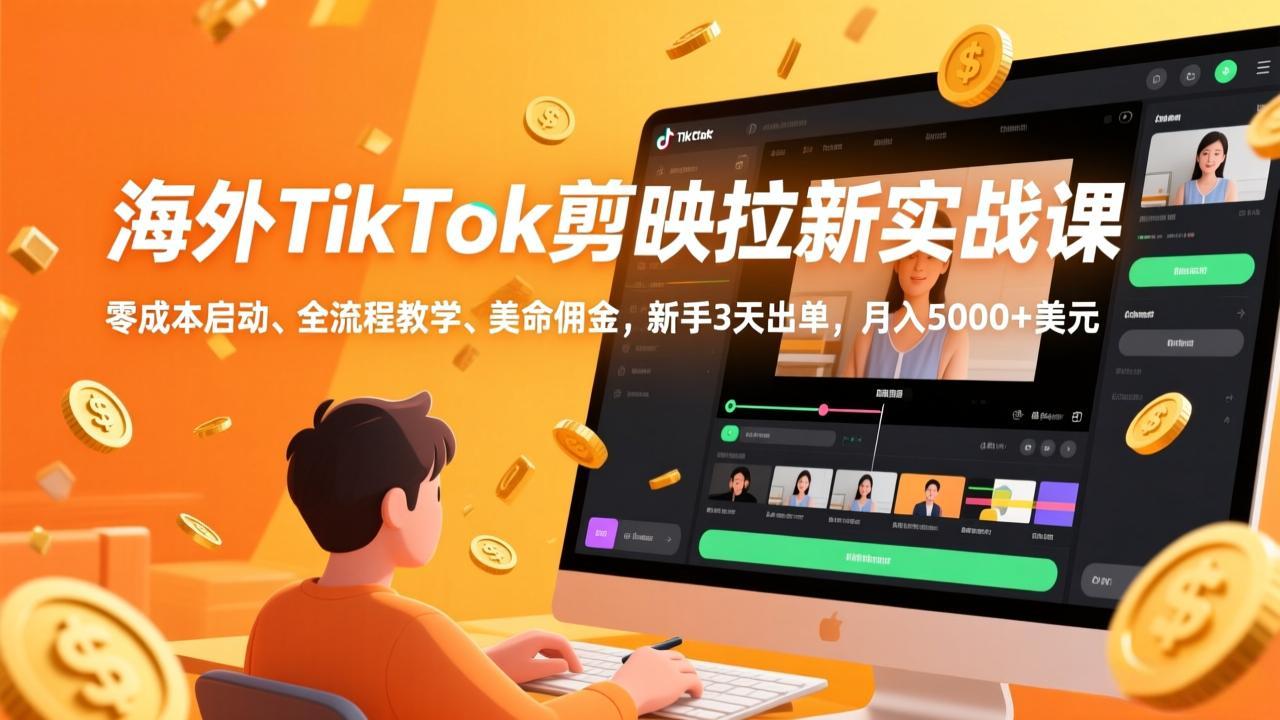 海外TikTok剪映拉新实战课，零成本启动、全流程教学、美金佣金，新手3天出单，月入5000+美元-大伟资源网