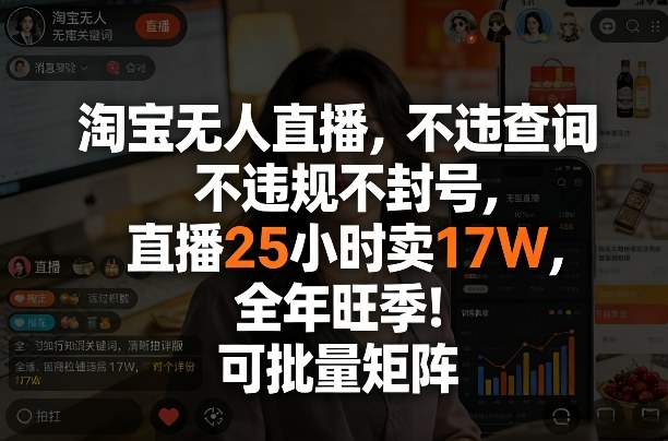 淘宝无人直播，不违规不封号，直播25小时卖17W，全年旺季！可批量矩阵【揭秘】-大伟资源网
