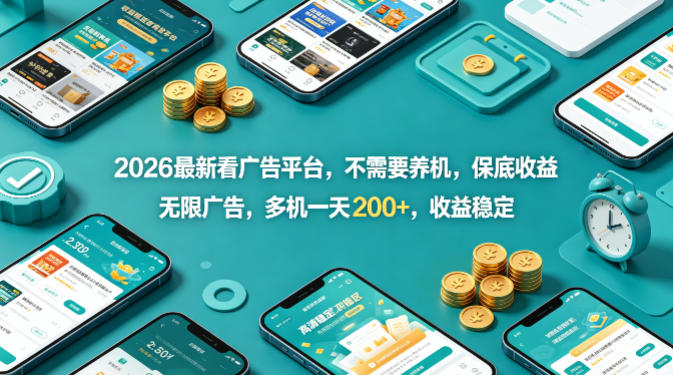 2026最新看广告平台，不需要养机，保底收益，无限广告，多机一天200+，收益稳定【揭秘】-大伟资源网