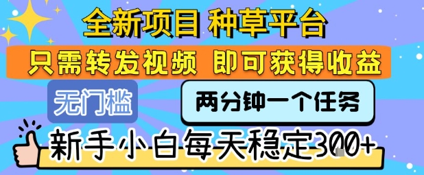 全新项目 种草平台 只需要转发任务视频 即可获得收益 新手小白每天稳定3张+【揭秘】-大伟资源网