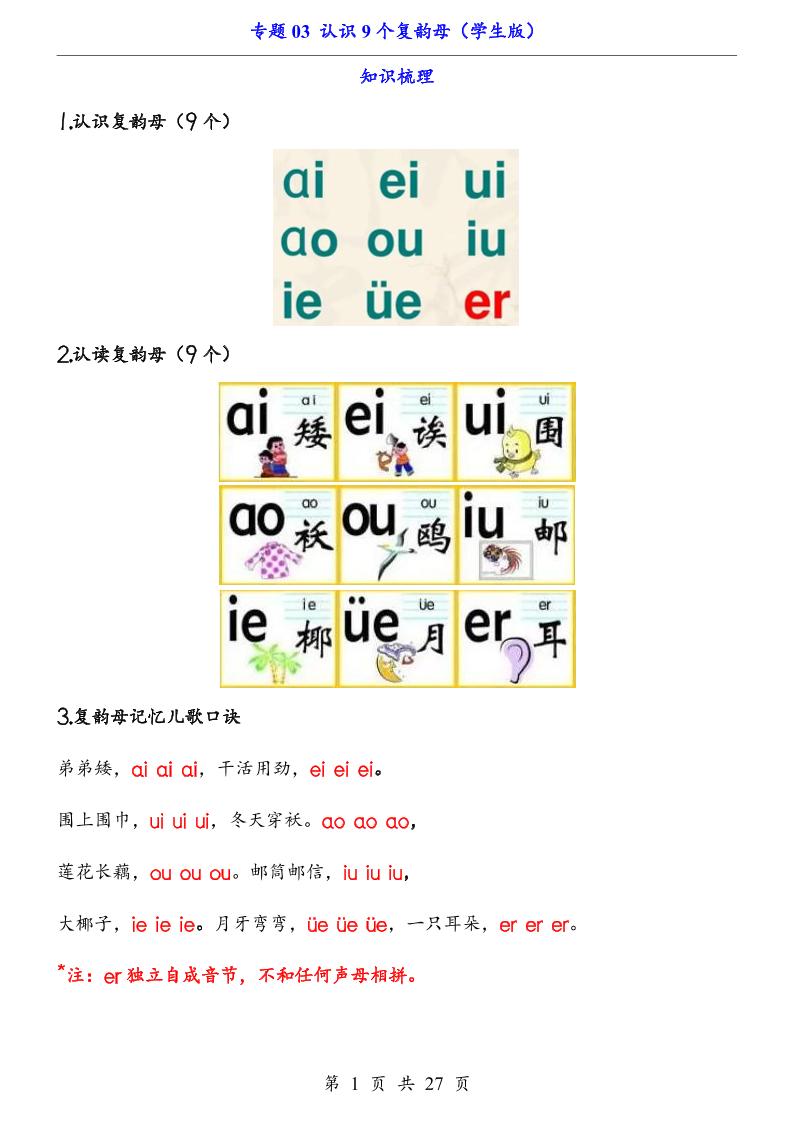 一上语文-专题03认识9个复韵母（知识+训练）-大伟资源网