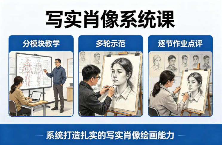 写实肖像系统课，全程分模块教学+多轮示范+逐节作业点评，系统打造扎实的写实肖像绘画能力-大伟资源网