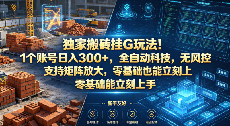 独家搬砖挂G玩法！1个账号日入300+，全自动科技，无风控支持矩阵放大，零基础也能立刻上手【揭秘】-大伟资源网