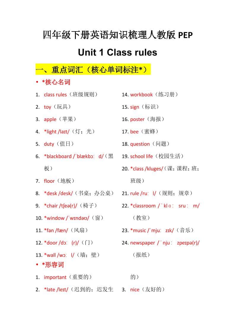 四年级下英语Unit1知识梳理+默写单《人教版PEP》-大伟资源网