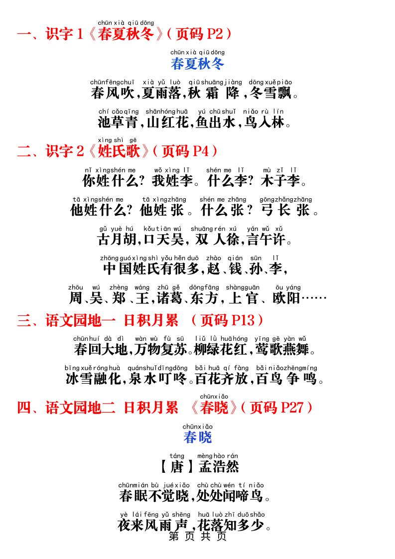 一年级下语文课本必背内容打卡-大伟资源网