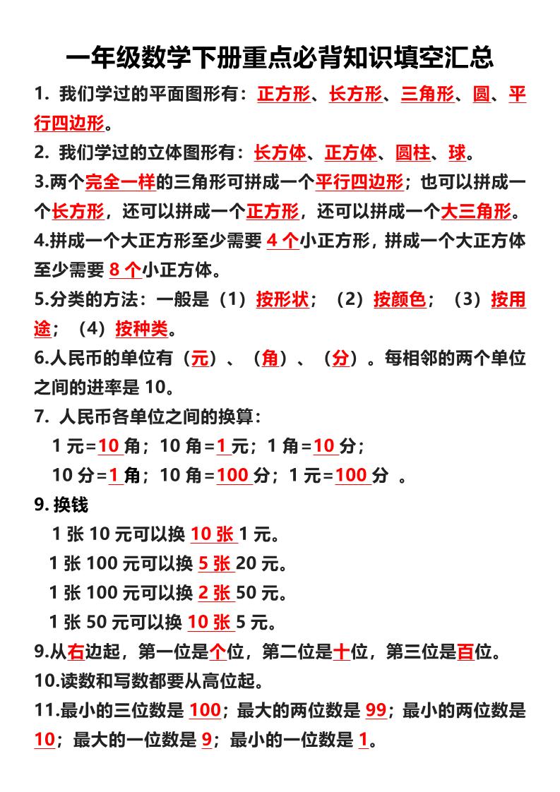 一年级下数学重点必背知识填空汇总-大伟资源网