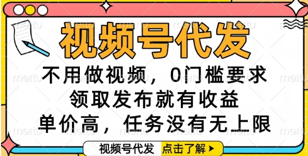 视频号代发，不用做视频，0门槛要求，领取发布就有收益，单价高，任务没有无上限【揭秘】-大伟资源网