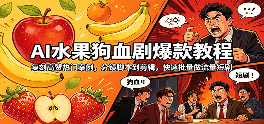 AI水果狗血剧爆款教程：复刻高赞热门案例，分镜脚本到剪辑，快速批量做流量短剧-大伟资源网
