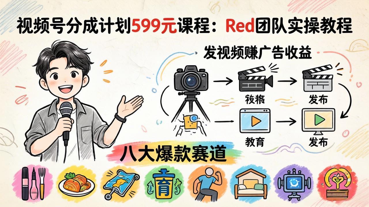 视频号分成计划599元课程：Red团队实操教程，发视频赚广告收益，八大爆款赛道全掌握-大伟资源网