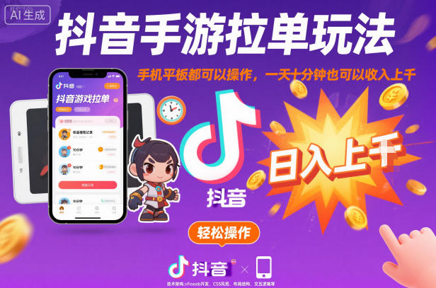 抖音手游拉单玩法，手机平板都可以操作，一天十分钟也可以收入上K【揭秘】-大伟资源网