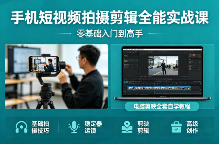 手机短视频拍摄剪辑全能实战课：零基础入门到高手，稳定器运镜+电脑剪映全套自学教程-大伟资源网