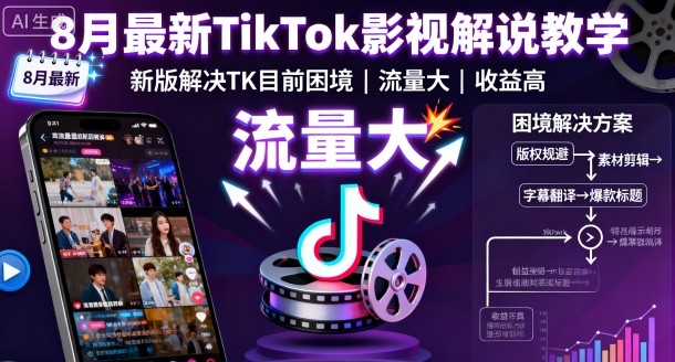8月最新TikTok影视解说教学，新版解决TK目前困境，流量大，收益高-大伟资源网