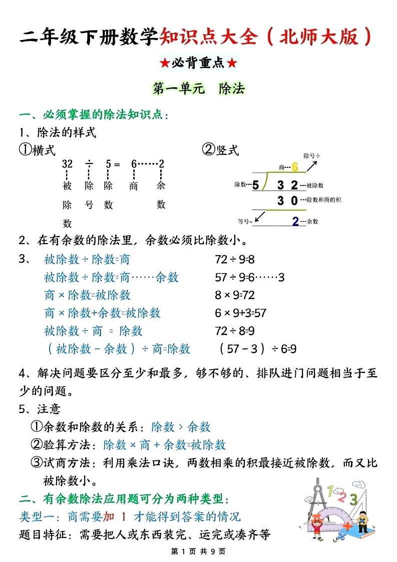 二年级下数学知识点大全《北师版》-大伟资源网