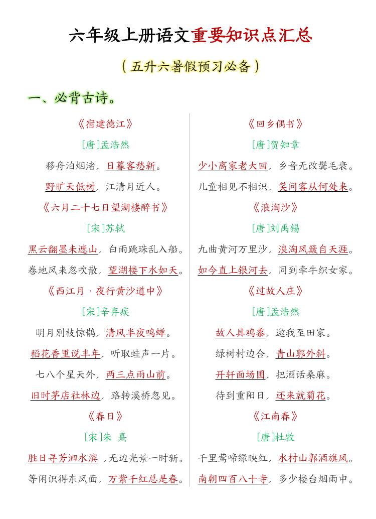 六年级上语文重要知识点汇总-大伟资源网