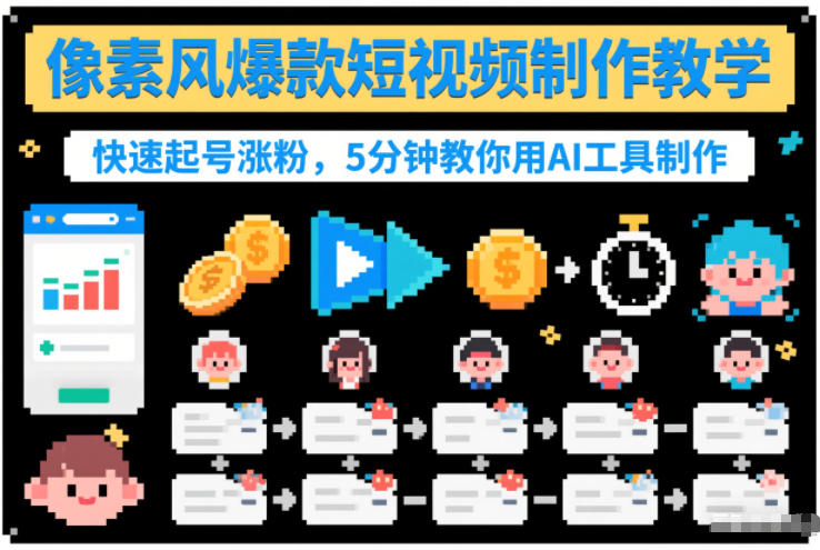 像素风爆款短视频制作教学，快速起号涨粉，5分钟教你用AI工具制作-大伟资源网