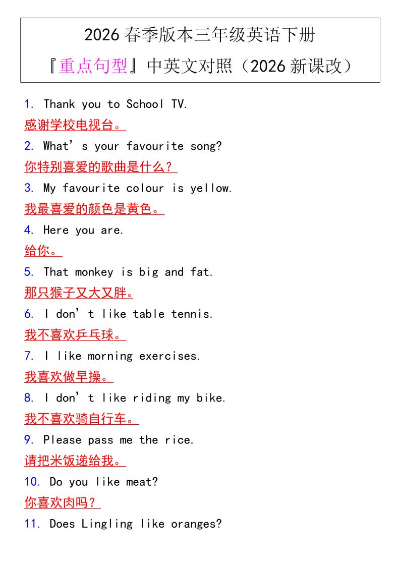三年级下英语『重点句型』中英文对照《人教版PEP》-大伟资源网