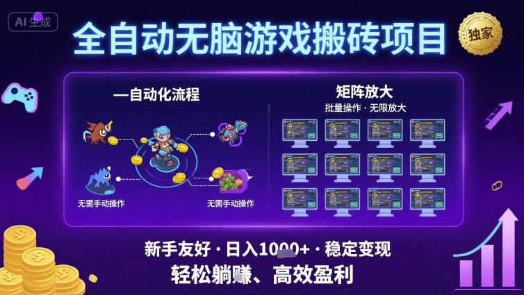 全自动无脑游戏搬砖项目，独家玩法，可批量矩阵无限放大，新手也能轻松日入1k+【揭秘】-大伟资源网