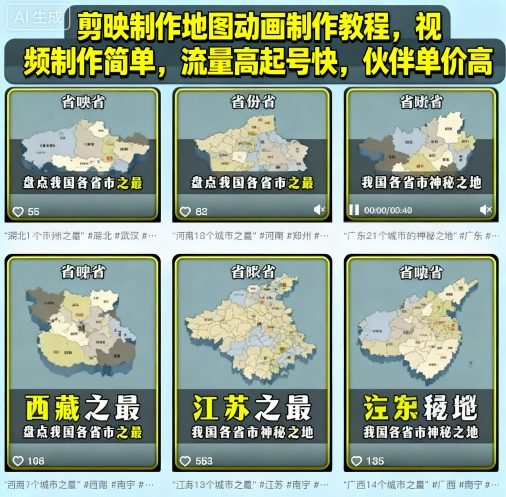 剪映制作地图动画制作教程，视频制作简单，流量高起号快，伙伴单价高-大伟资源网