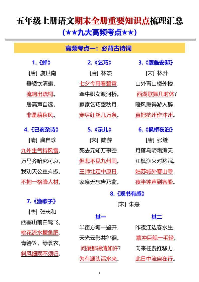 G五年级上册语文期末全册重要知识点梳理汇总-大伟资源网