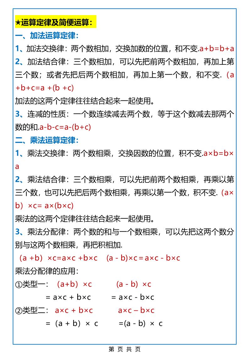 2026春新版四年级下数学重点知识点及公式《人教版》-大伟资源网